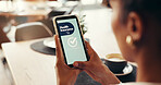 Cafe, ui and hands with phone, health insurance or approval of application on website or membership. Screen, status and person with mobile for financial protection, planning and update of coverage