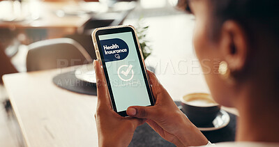Buy stock photo Cafe, ui and hands with phone, health insurance or approval of application on website or membership. Screen, status and person with mobile for financial protection, planning and update of coverage