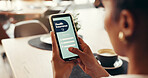 Phone screen, life insurance and hands of woman for digital application, app and check in. Claims status, membership benefits and medical cover with person for login and online review in cafe