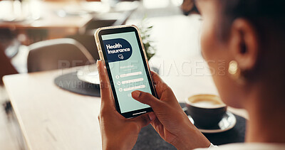 Buy stock photo Phone screen, health insurance and hands of woman for digital application, app and check in. Claims status, membership benefits and medical cover with person for login and online review in cafe