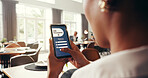 Phone screen, life insurance and hands of business woman for application, app and check in. Claims status, membership benefits and medical cover with person for login and online review in cafe