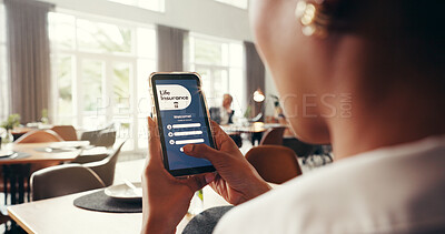 Buy stock photo Phone screen, life insurance and hands of business woman for application, app and check in. Claims status, membership benefits and cover research with person for login and online review in cafe