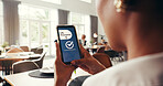 Phone screen, life insurance and hands of woman for digital application, app and sign up. Claims status, membership benefits and cover research with person for login and online review in cafe