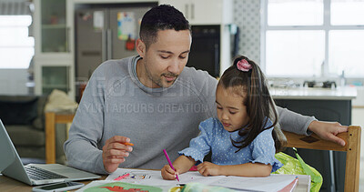 Buy stock photo Creative, girl and homework with dad, home or coloring for preschool project, remote work or growth. Child, learning and development with education, assistance and man with laptop for freelance task