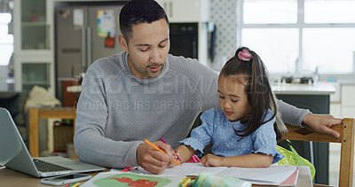 Buy stock photo Coloring, girl and homework with dad, home or creative for preschool project, remote work or growth. Child, learning and development with education, assistance and man with laptop for freelance task