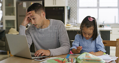 Buy stock photo Stress, dad and child with homework, home or writer with brain fog, remote work or creative project. Learning, kid and coloring art for school, anxiety or man with laptop for freelance task in house
