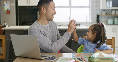 Buy stock photo High five, laptop and father with child for homework in kitchen for education, learning or help. Happy, celebration and dad with girl kid for correct answer on school assessment together in house.