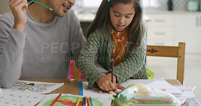 Buy stock photo Drawing, hands and dad with child in home for learning colors, creative activity and homework together. Family, bonding and father with girl in house with paper for education, development and help