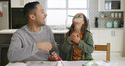 Buy stock photo Child, dad and fun with pencil, home or laughing on study break, development or homework in kitchen. Balance, game or playing with daughter in house, education and girl with humor or bonding with man