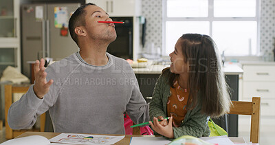 Buy stock photo Child, dad and playing with pencil, home and laughing on study break, growth and homework in lounge. Balance, game and fun with daughter in house, education and girl with humor or bonding with man