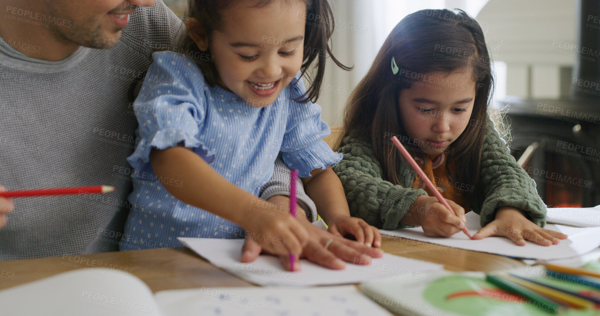Buy stock photo Drawing, paper and dad with kids in home for learning colors, creative activity and homework together. Family, bonding and father with girls in house with picture for education, development and help