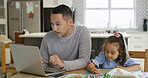 Coloring, child and man with laptop, home or creative with preschool project, skills or development. Girl, learning or growth with education, remote work and father with notification on web in house