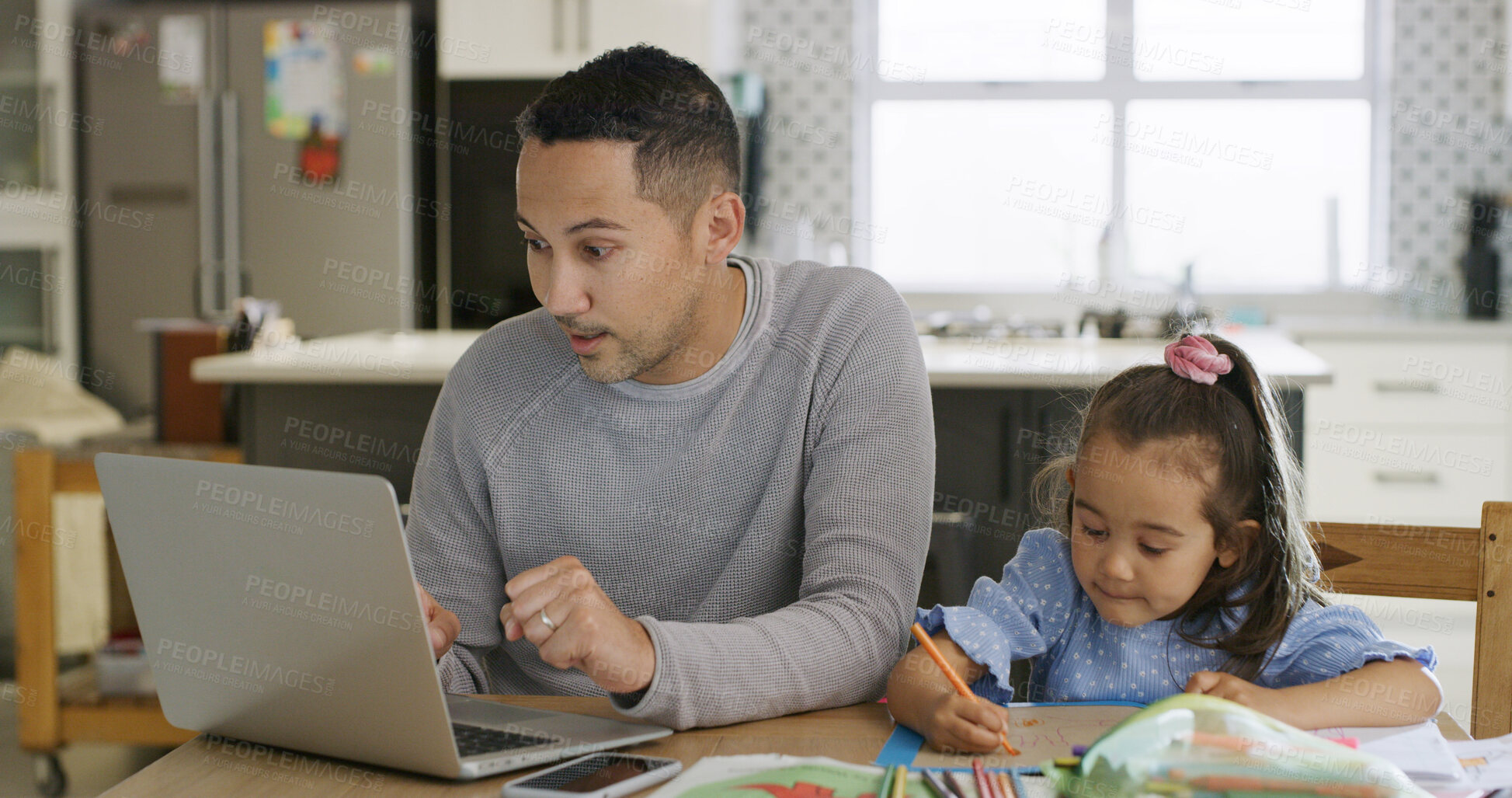 Buy stock photo Coloring, child and man with laptop, home or creative with preschool project, skills or development. Girl, learning or growth with education, remote work and father with notification on web in house