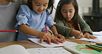 Drawing, hands and dad with children in home for learning colors, creative activity and homework together. Family, bonding and father with girls with creativity for education, development and help