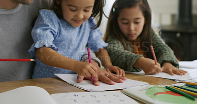 Buy stock photo Drawing, hands and dad with children in home for learning colors, creative activity and homework together. Family, bonding and father with girls with creativity for education, development and help