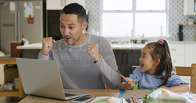 Buy stock photo Excited, dad and child with homework, home and celebration for bonus on website, app or remote work. Happy, freelancer and man with laptop, raise or promotion in house, growth and development of girl
