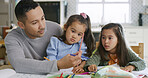 Father, stationary and children for education at house for learning, drawing sketch and homework. Man, helping and kids with pencil choice for art project, studying support and creative activity