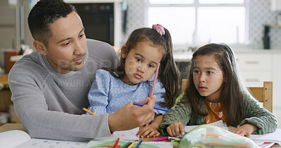 Buy stock photo Father, stationery and children for education at house for learning, drawing sketch and homework. Man, helping and kids with pencil choice for art project, studying support and creative activity
