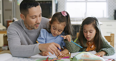 Buy stock photo Father, stationary and kids for education at house for learning, drawing sketch and homework. Man, helping and children with pencil choice for art project, studying support and creative activity