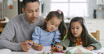Buy stock photo Drawing, paper and dad with girls in home for learning colors, creative activity and homework together. Family, bonding and father with kids in house with picture for education, development and help