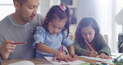 Buy stock photo Drawing, creative and dad with children in home for learning colors, activity and homework together. Family, bonding and father with girls trace hands on paper for education, development and help