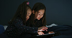Relax, tablet and kids in bedroom for movie, film or video on app for entertainment together. Bonding, children and sisters watching show on streaming website with digital technology in home at night