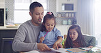 Drawing, happy and dad with kids in home for learning colors, creative activity and homework together. Family, bonding and father with girls at table with paper for education, development and help