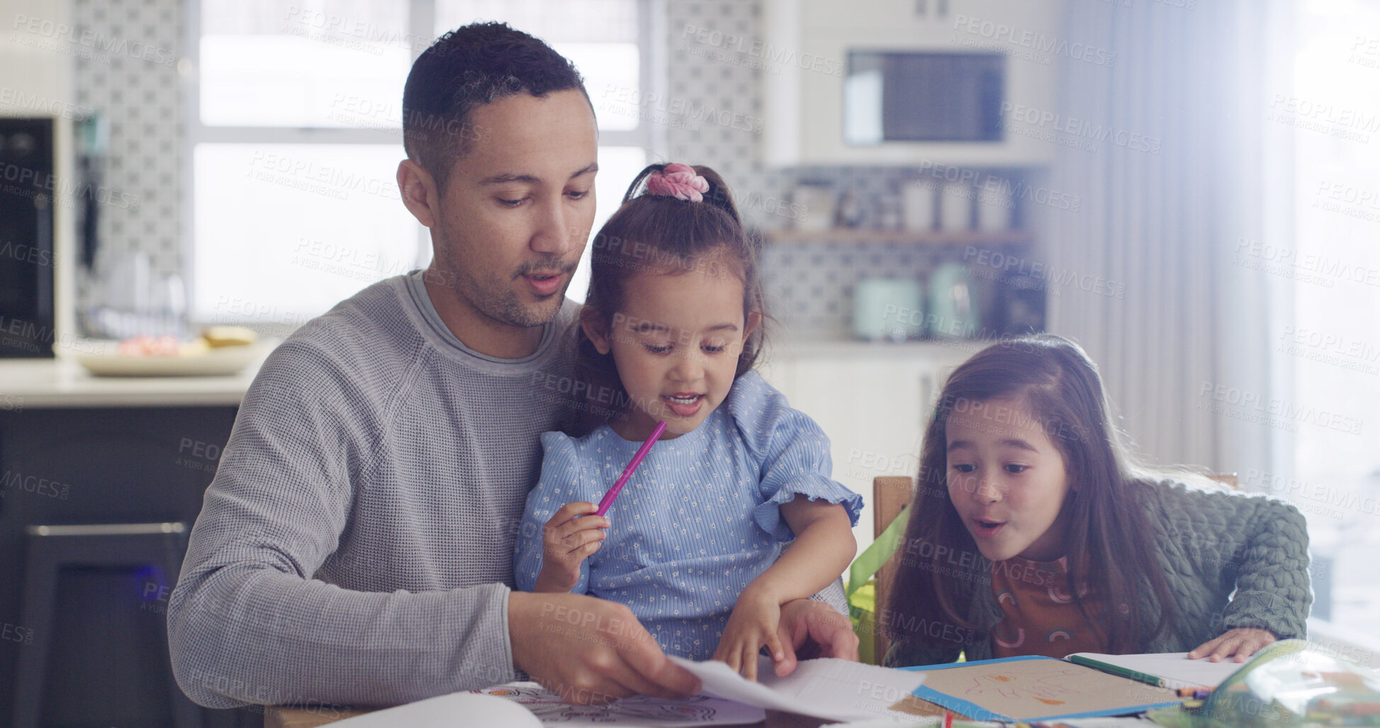 Buy stock photo Drawing, happy and dad with kids in home for learning colors, creative activity and homework together. Family, bonding and father with girls at table with paper for education, development and help