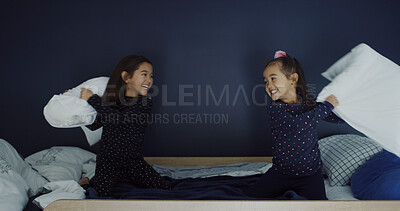 Buy stock photo Pillow fight, smile and adhd with kids on bed for hyperactivity, playful and bonding. Sensory stimulation, happy and entertainment with children in bedroom of home for funny, energy and game together