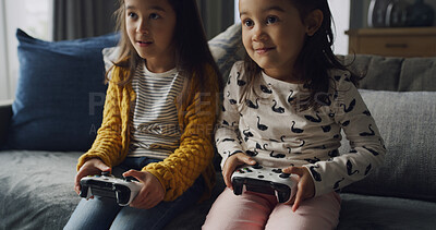 Buy stock photo Home, kids and play video game for competition, contest and entertainment on sofa. Sisters, girls and children with console for gaming challenge, hobby and relax together with family in lounge