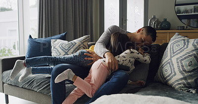 Buy stock photo Family, man and children on sofa with hug, bonding together and love for memory in home. Support, trust and happy father with kids in living room with smile, relax and embrace with dad in house