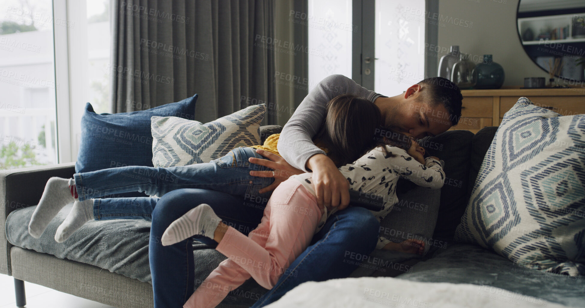 Buy stock photo Family, man and children on sofa with hug, bonding together and love for memory in home. Support, trust and happy father with kids in living room with smile, relax and embrace with dad in house