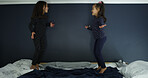 Jumping, sisters and adhd with kids on bed for hyperactivity, playful and bonding. Sensory stimulation, dancing and entertainment with children in bedroom of home for funny, energy and game together