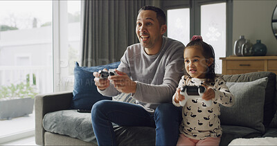 Buy stock photo Relax, video game and father with child on sofa for bonding, playing and connection in living room. Happy, controller and dad with girl kid for online gaming together on weekend break in home.