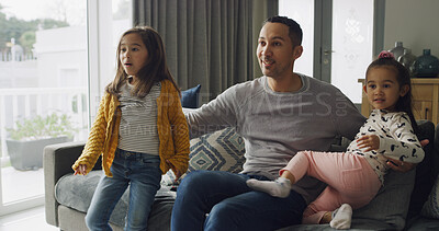 Buy stock photo Girls, father and smile on sofa with movie, bonding together and love for watching tv in home. Anticipation, couch and man with shocked kids in living room with family, relax and cartoon plot twist