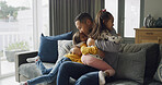 Love, dad and children with hug on sofa for bonding together, relationship affection and connection. Happy family, people and embrace in living room for support, single father and protection in home