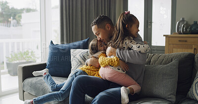 Buy stock photo Love, dad and children with hug on sofa for bonding together, relationship affection and connection. Happy family, people and embrace in living room for support, single father and protection in home