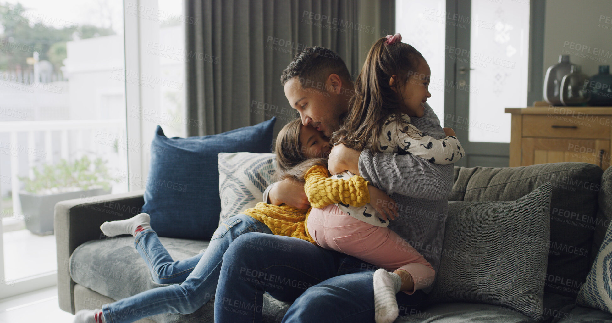 Buy stock photo Love, dad and children with hug on sofa for bonding together, relationship affection and connection. Happy family, people and embrace in living room for support, single father and protection in home