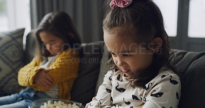 Buy stock photo Sad girl, siblings or fight with disagreement for unfair treatment, difference or behaviour in home. Children, upset sister or kids with arms crossed for argument, attitude or living room dispute