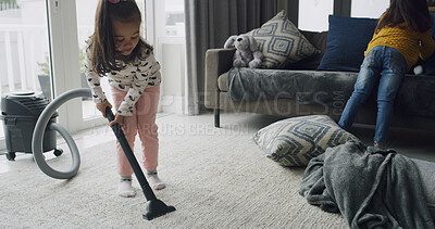 Buy stock photo Cleaning, vacuum cleaner and help with kids in living room for hygiene, support or domestic chores. Dust prevention, sanitary or housekeeping with siblings or children in family home for maintenance