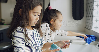 Buy stock photo Cleaning, washing dishes and help with kids in kitchen for hygiene, support or domestic chores. Bacteria prevention, sanitary or housekeeping with siblings or children in family home for maintenance
