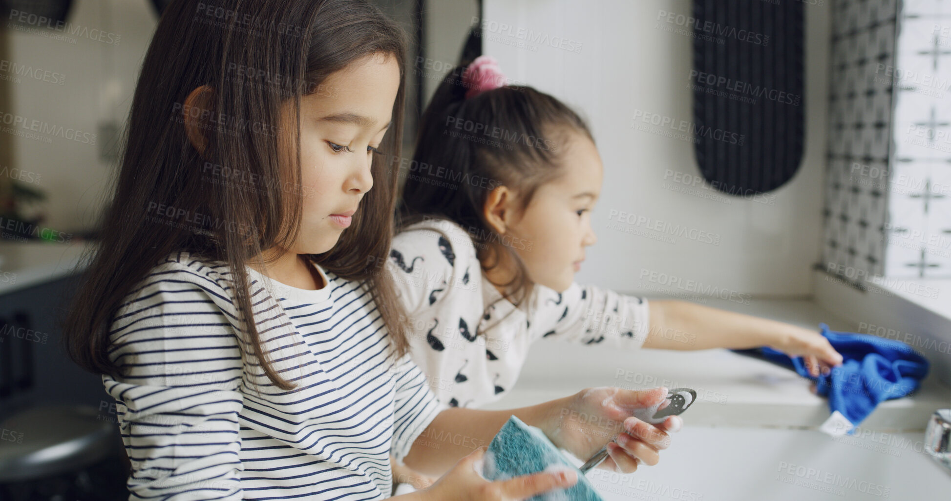 Buy stock photo Cleaning, washing dishes and help with kids in kitchen for hygiene, support or domestic chores. Bacteria prevention, sanitary or housekeeping with siblings or children in family home for maintenance