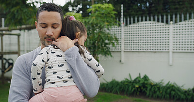 Buy stock photo Hug, love and dad with child in backyard for bonding, affection and relax outdoor on weekend. Family, space and father with girl for embrace, support and connection together for caring relationship