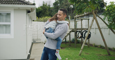 Buy stock photo Hug, carry and dad with child in backyard for bonding, affection and relax outdoor on weekend. Family, love and father with girl for embrace, caring relationship and connection together for support