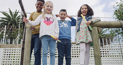 Buy stock photo Portrait, happy children and friends laughing at playground with bubble toys, funny face and goofy. Girls, boys and group of playful kids with tongue out, silly and smile outdoor together at park