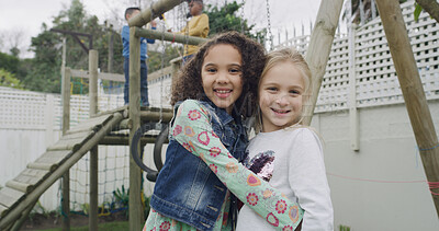 Buy stock photo Happy, friends and portrait of girls at playground in backyard for having fun, bonding and playing together. Youth, childhood and kids hug outdoor for adventure on holiday, weekend and vacation