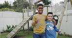 Thumbs up, friends and portrait of boys at playground for having fun, bonding and playing together. Youth, childhood and happy kids at outdoor park for adventure on holiday, weekend and vacation