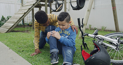 Buy stock photo Bike, checking and fall with kids on playground together for accident concern, help or worry. Crash, mistake and physical injury with children friends outdoor in park for care, comfort or consoling