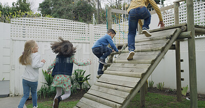 Buy stock photo Playing, friends and children at playground in backyard for having fun, bonding and games together. Youth, childhood and kids with energy at outdoor park for adventure on holiday, weekend or vacation