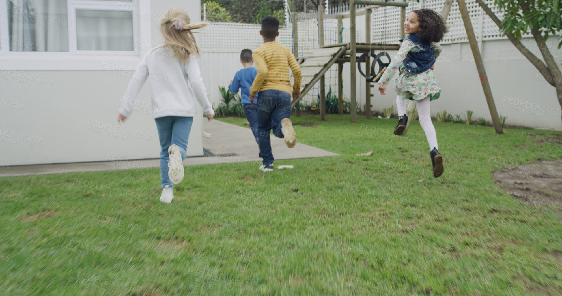 Buy stock photo Happy, friends and children at playground running for having fun, bonding and playing together. Youth, childhood and kids with energy at outdoor park for adventure on holiday, weekend and vacation